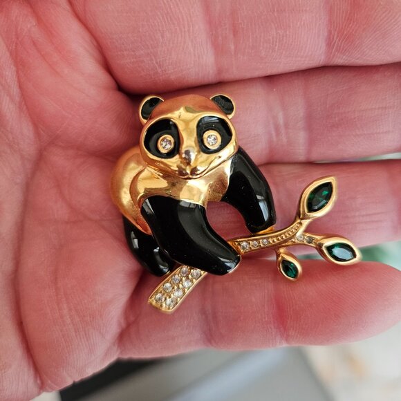 Vintage Swarovski Panda Bear on Branch Enamel & Rhinestone Brooch Pin - Picture 5 of 8
